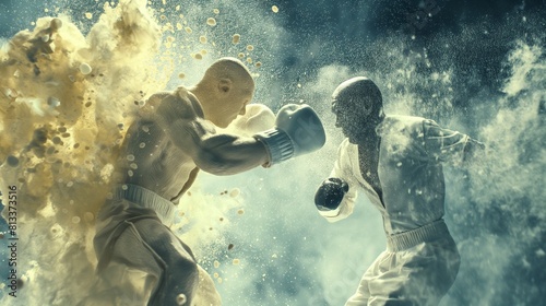 Dynamic action shot as one matchstick boxer delivers a powerful uppercut to the other photo