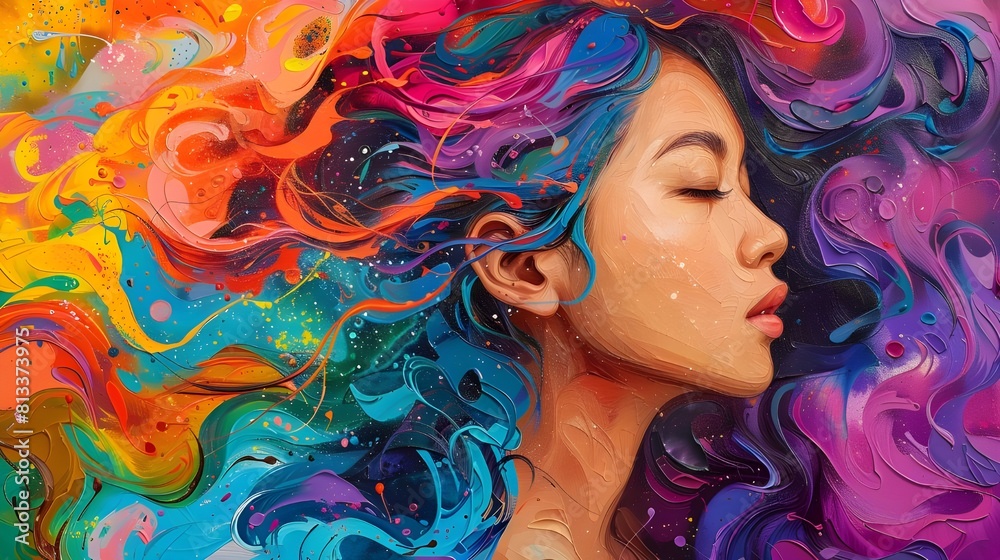 Fine art painting abstract background. Modern art collage of woman portrait. Many-coloured splash wavy rainbow hair brush stroke, aesthetic contemporary illustration. Generative AI 3d digital artwork. Fine art painting abstract background. Modern art collage of woman portrait. Many-coloured splash wavy rainbow hair brush stroke, aesthetic contemporary illustration. Generative AI 3d digital artwork.