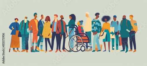 A group of people are standing in a line, one of them is using a wheelchair
