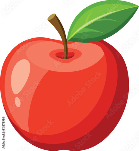 A classic round red apple illustration with a single green leaf and brown stem, depicted as a fresh, juicy, and healthy whole fruit, isolated on a white background for design elements.