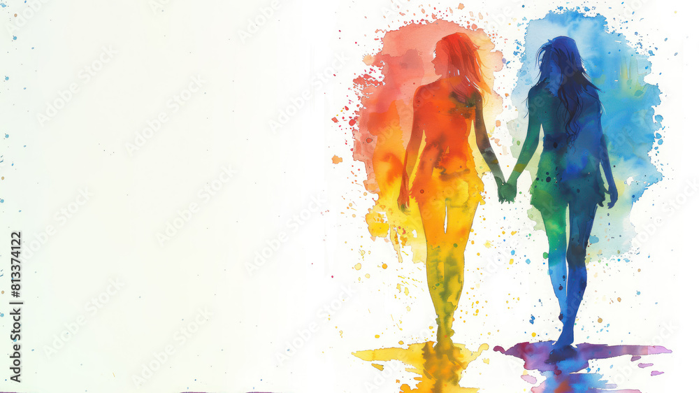 Fototapeta premium Rainbow watercolor paint of 2 women walk for pride equality celebration