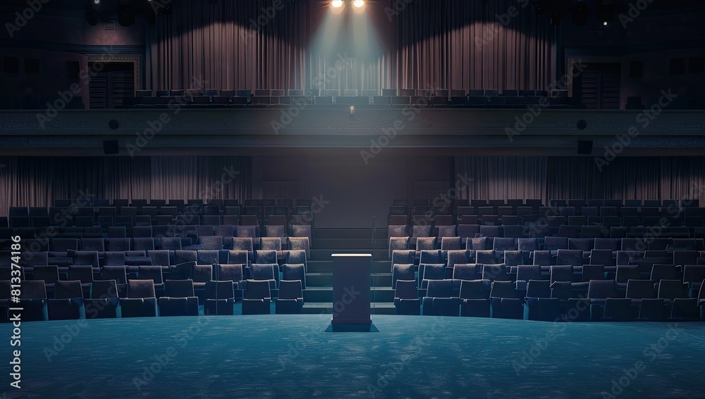 A wide short of an empty theater, stage, hall with podium, conference room in blue color