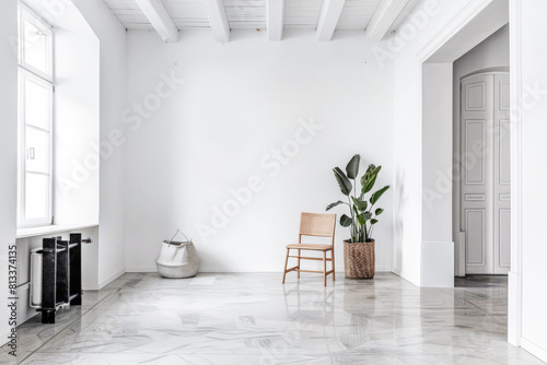 Minimalist living room composition with zen elements in a Scandinavian apartment. Interior design composition with minimal furniture.