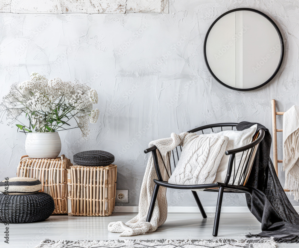 Minimalist living room composition with zen elements in a Scandinavian apartment. Interior design composition with minimal furniture. Minimalist living room composition with zen elements in a Scandinavian apartment. Interior design composition with minimal furniture.