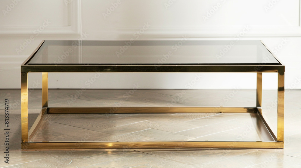 Contemporary art deco style with sleek lines, featuring a minimalist brass and glass coffee table. Contemporary art deco style with sleek lines, featuring a minimalist brass and glass coffee table.