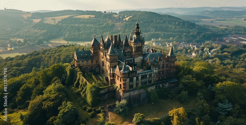 Aerial View of Hohentw Showcasing Intricate Details and Natural Lighting, Nestled Amidst Lush Greenery on Hillside with Rolling Hills in Background