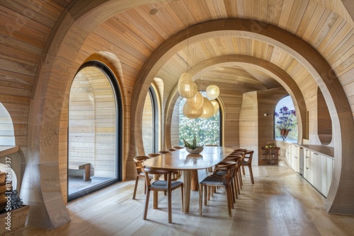 Minimalist interior design of modern dining room with abstract wood paneling arched wall