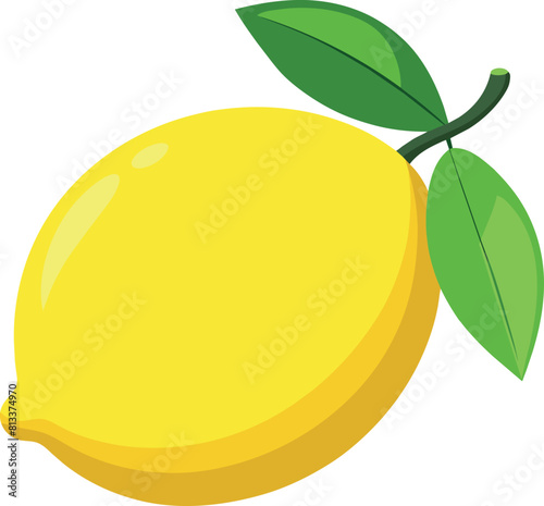 A vibrant, stylized vector illustration of a single fresh yellow lemon with two green leaves, presented in a clean and simple flat cartoon design isolated on a white background.