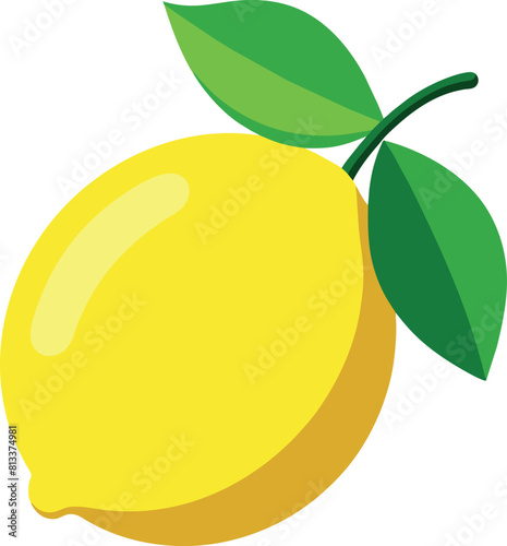 A vibrant, stylized vector illustration of a single fresh yellow lemon with two green leaves, presented in a clean and simple flat cartoon design isolated on a white background.