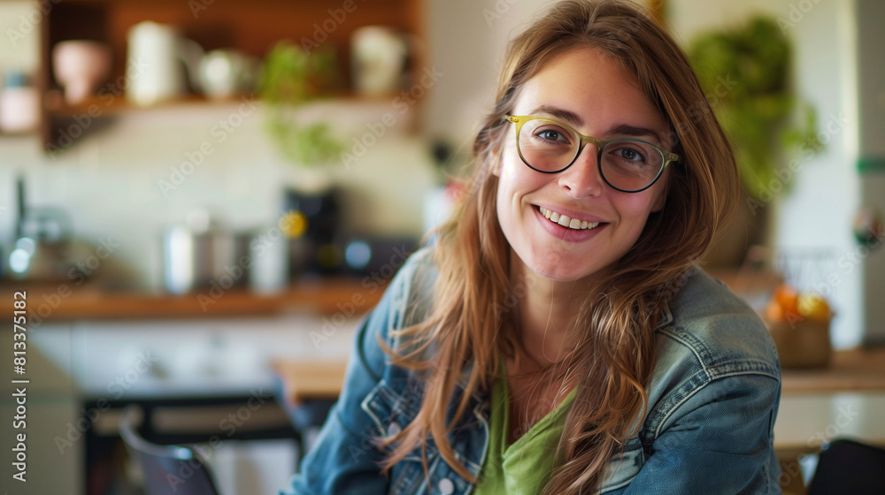 Cheerful young woman with glasses flashes a radiant smile in her modern kitchen, exuding youthful energy. Ideal for advertising.
Cheerful young woman with glasses flashes a radiant smile in her modern kitchen, exuding youthful energy. Ideal for advertising.