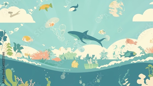 Fish, turtles and whales swim on the bottom of a sea filled with garbage as part of World Ocean Day，AI generated. 