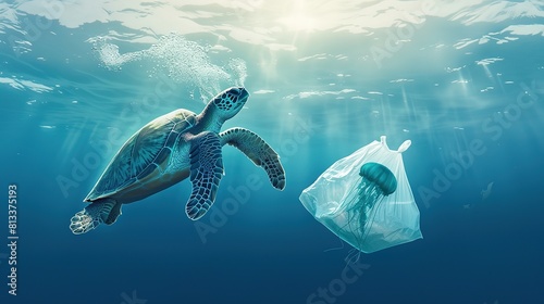 Fish  turtles and whales swim on the bottom of a sea filled with garbage as part of World Ocean Day   AI generated. 