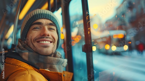Low angle view of happy man riding in a bus, Copy space, © Sci-Tech