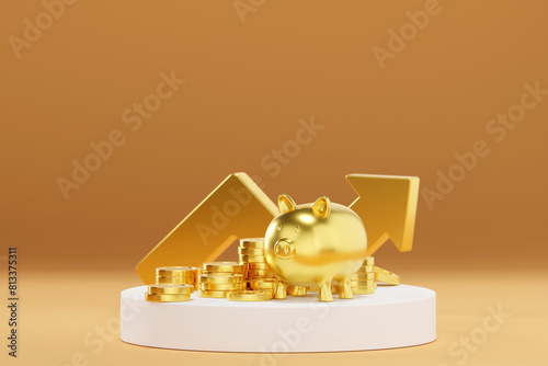 Stack of golden coins with piggy bank on white podium signifies financial abundance and successful investments.