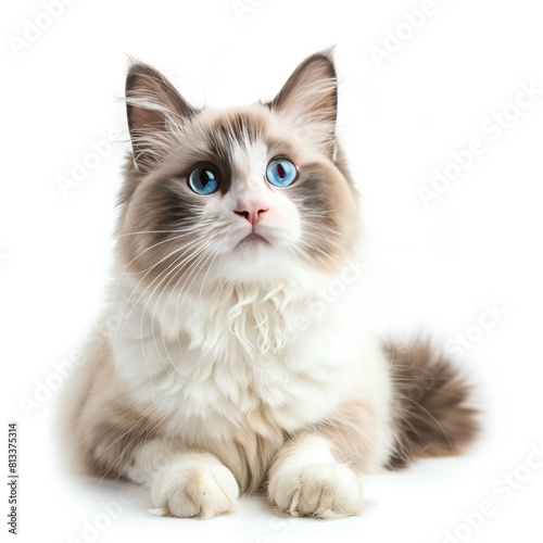 Cute fluffy portrait kitty Cat Ragdoll looking at camera isolated on clear png background, 
