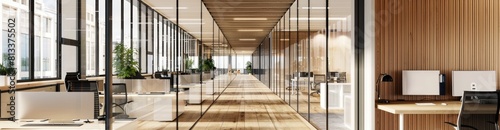 Modern spacious office interior design. modern computers on minimalistic style tables, concrete floor wooden design and glass wall instead windows. 3D rendering