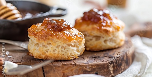 Close-Up of Scones with Apple Jam and Cinnamon Honey Sauce on Wooden Board
