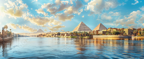 A panoramic view of the Nile River with ancient Egyptian pyramids and sphinxes in the background, a blue sky, during the daytime with bright sunlight lighting photo