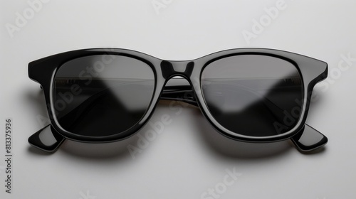 A pair of sleek black sunglasses isolated on a white background.