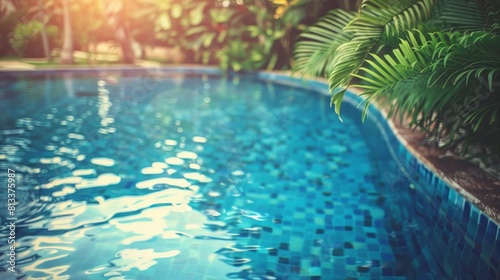 A serene outdoor scene featuring a blue swimming pool encircled by a lush green garden  ideal for summer relaxation.  