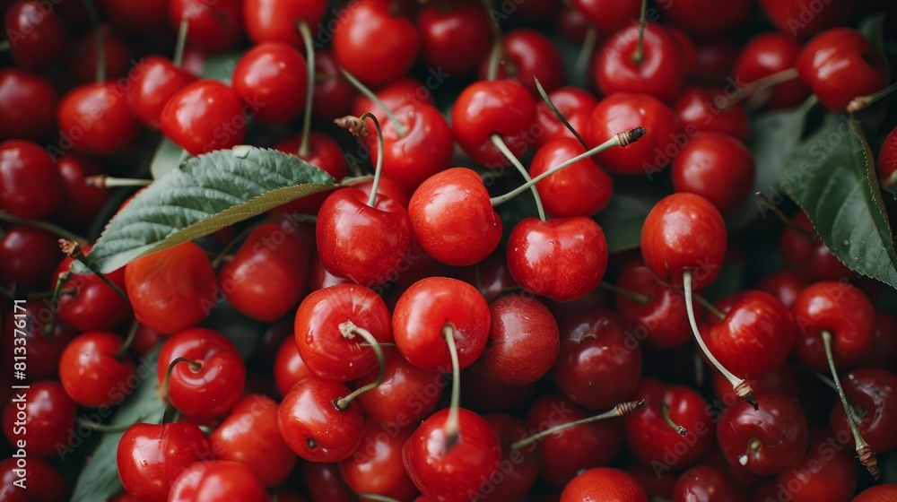 A close-up shot capturing a large collection of ripe cherries with stalks and leaves A close-up shot capturing a large collection of ripe cherries with stalks and leaves