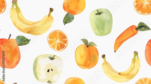 watercolor seamless pattern of apple banana and orange fruit.