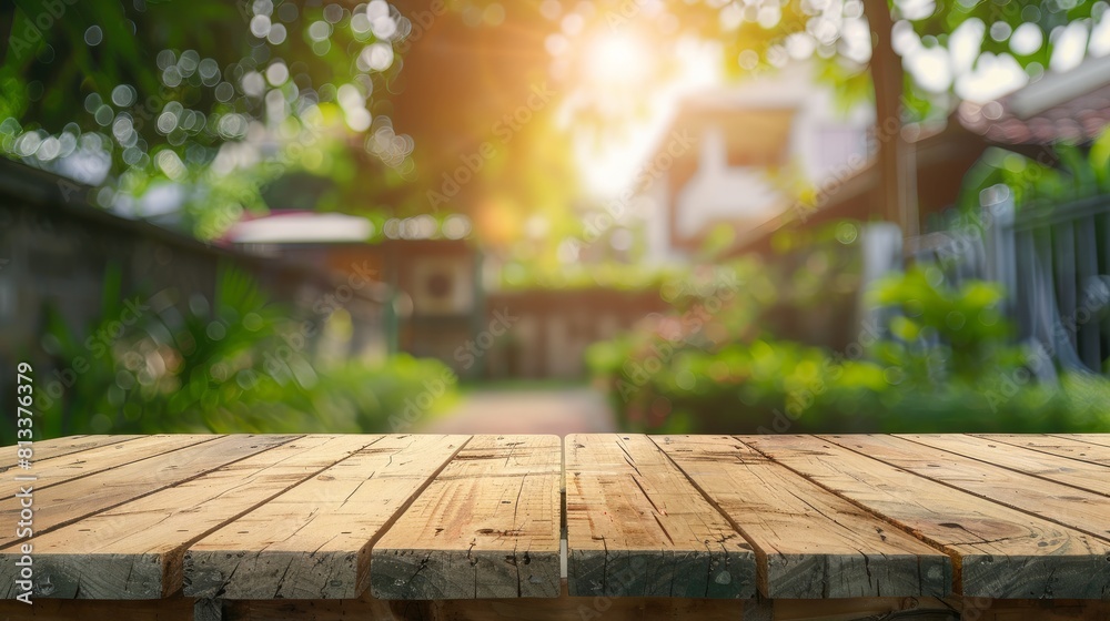 An empty wooden deck table draped with a stylish tablecloth, set against a soft, out-of-focus bokeh background An empty wooden deck table draped with a stylish tablecloth, set against a soft, out-of-focus bokeh background