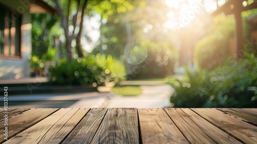 An empty wood table top with a blurred abstract background featuring greenery from a garden and a house