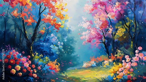  Colorful acrylic painting depicting a lush, blooming forest in spring © Rana