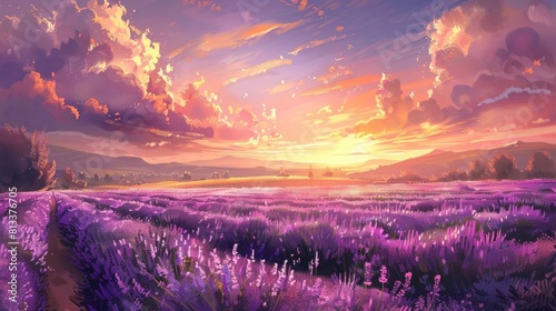 A serene summer sunset casting golden hues over a sprawling field of lavender