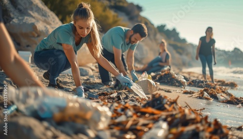 Community Volunteers Cleaning Litter from Beach.