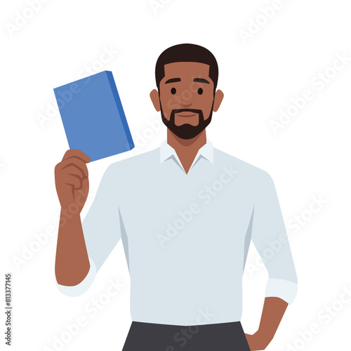 Man is holding a book in his hand. Showing how important a book is. Flat vector illustration isolated on white background