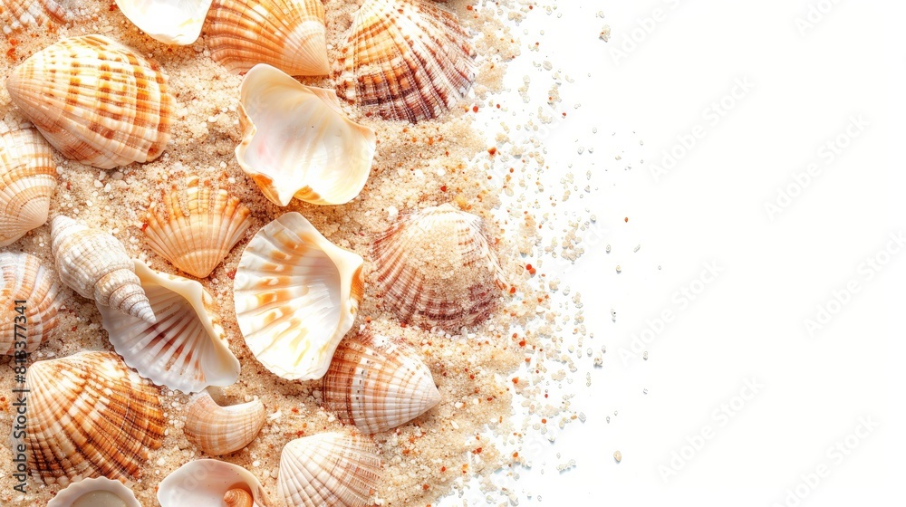 A top view of a pile of various sea shells embedded in sand, isolated on a white background A top view of a pile of various sea shells embedded in sand, isolated on a white background