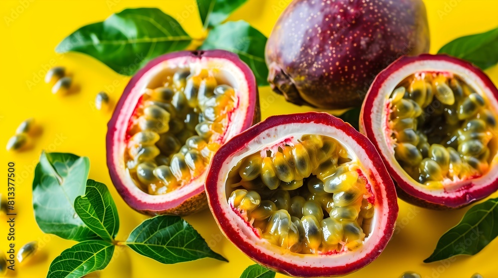 Naklejka premium Isolated Passion fruit, pastel background, Copy space