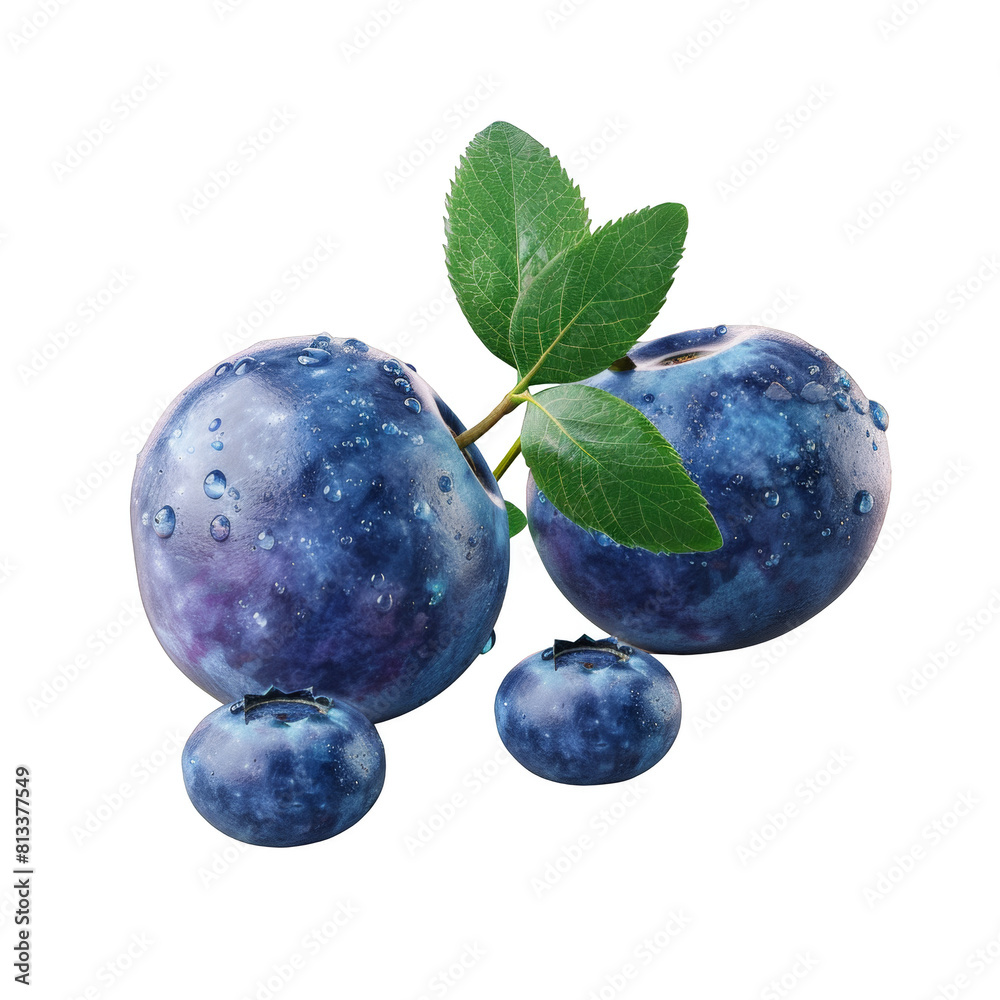Obraz premium blueberries with leaves, realistic stock photography, white background, png clipart, cutout.