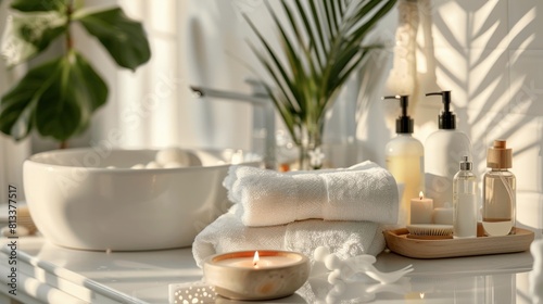  A serene spa setting in a white bathroom, featuring neatly arranged towels and an assortment of cosmetics