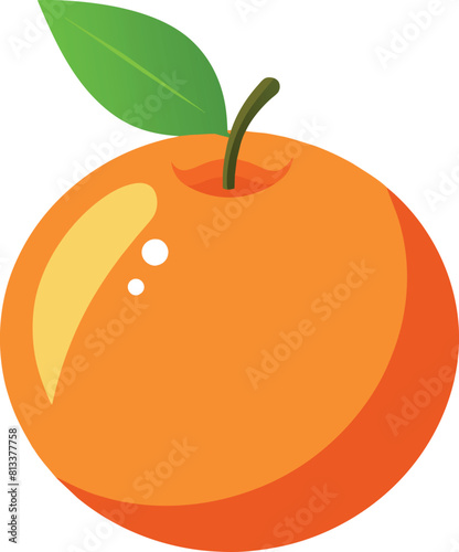 Vibrant Single Orange Fruit with Green Leaf Fresh Citrus Vector Illustration.