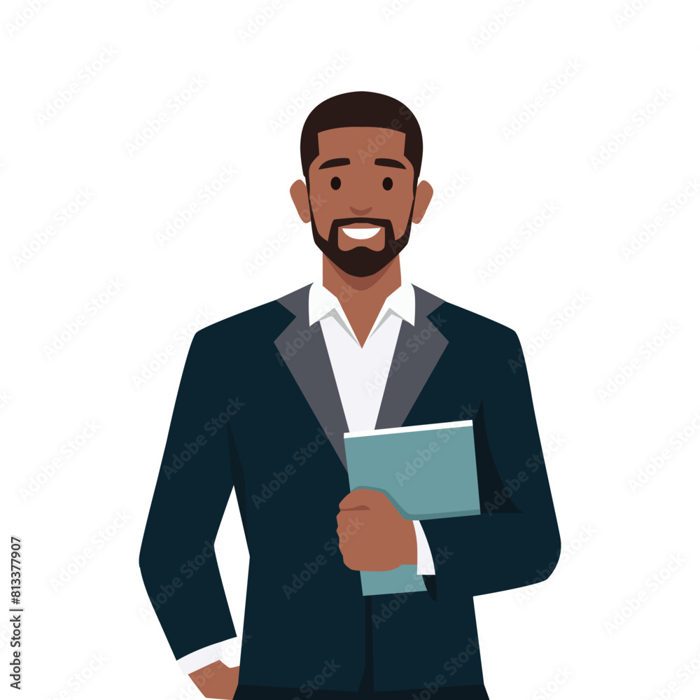 Standing businessman hold book. Manager with hand in pocket. Flat vector illustration isolated on white background Standing businessman hold book. Manager with hand in pocket. Flat vector illustration isolated on white background