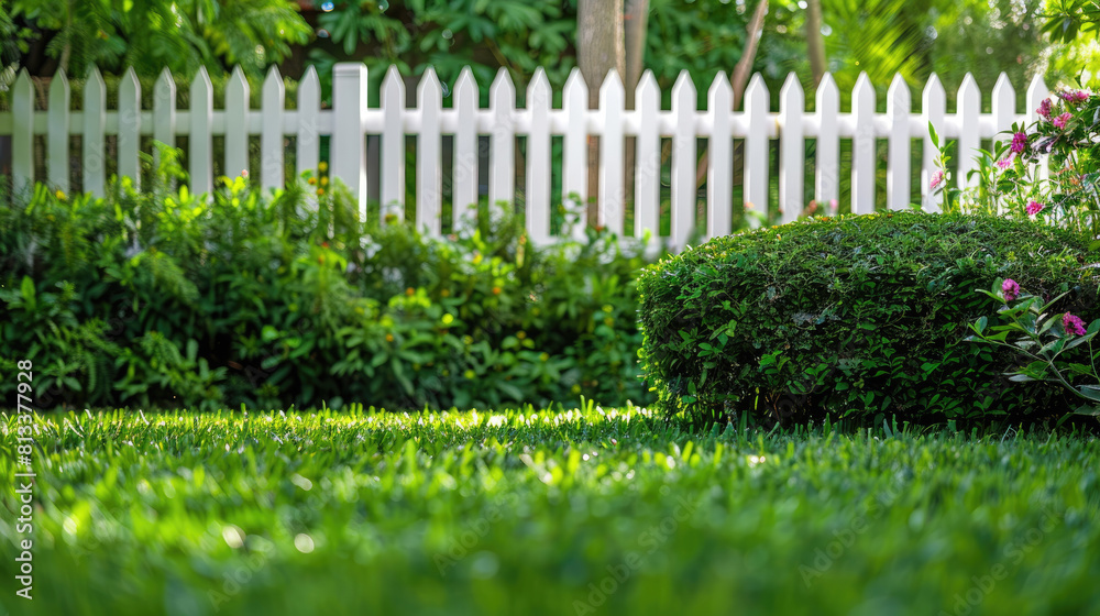 Green grass lawn and white picket fence with green bushes on the backyard Green grass lawn and white picket fence with green bushes on the backyard