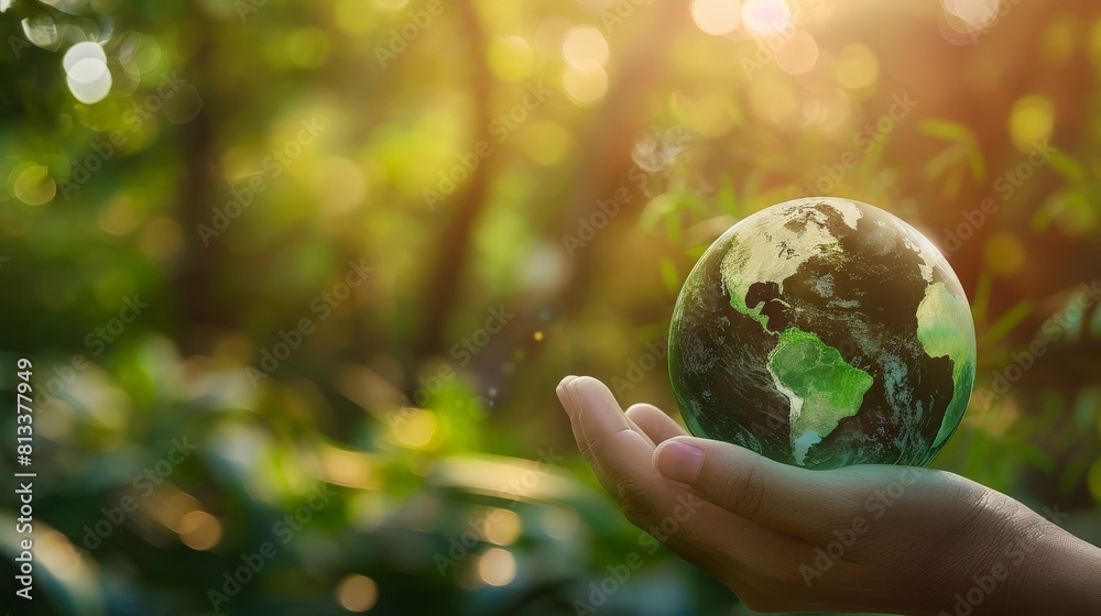 Green earth ball in hand in green forest background. Ecosystem. Earth Day. generative ai Green earth ball in hand in green forest background. Ecosystem. Earth Day. generative ai