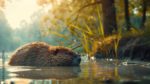 Beaver swimming in a river in autumn