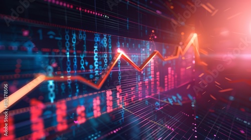 This image features an abstract digital depiction of a stock market graph with a dynamic upward trend on a blue background