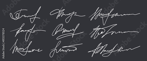 Set of different fake autographs and signatures, mimicking authenticity for certificates, letters or documents, featuring handcrafted doodles and scribbles, vector illustration