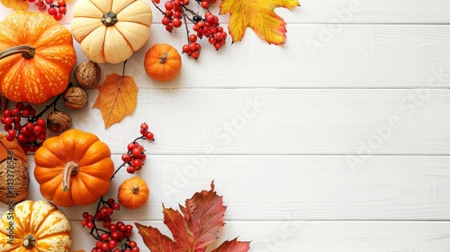 Festive fall decorations of pumpkins  berries and leaves on a white wooden background. generative ai