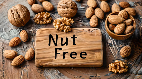 Nut Allergy - A contradictory display of various nuts including walnuts and almonds, accompanied by a 'Nut-Free' sign, perhaps illustrating allergen awareness. photo