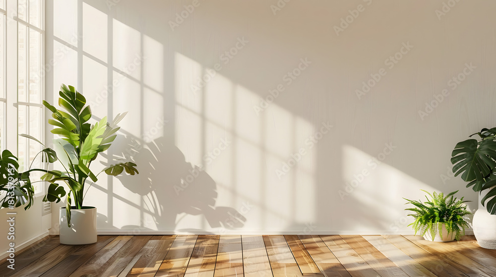 Serene interior with sunlit shadows and lush indoor plants, creating a calm, tranquil space ideal for home decor and wellness themes Serene interior with sunlit shadows and lush indoor plants, creating a calm, tranquil space ideal for home decor and wellness themes