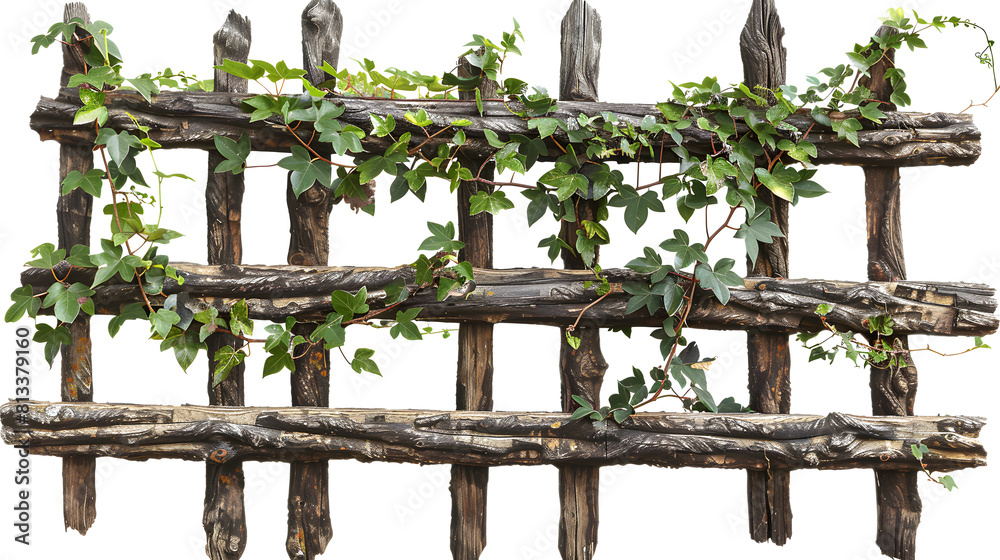 old wooden fence overgrown with a weaving green ivy leaves, isolated on transparent background old wooden fence overgrown with a weaving green ivy leaves, isolated on transparent background