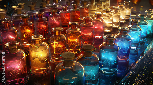 An array of containers, luminescent elixirs, swirling with emotions, a visual symphony