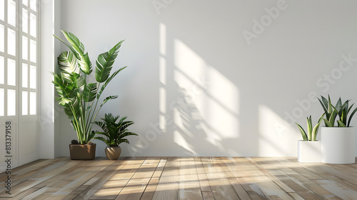 Soft morning light washes over a minimalist indoor setting, featuring carefully placed green plants against a backdrop of wooden flooring and white walls