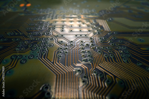 Circuit board background. Electronic circuit board texture. Computer technology, digital chip, electronic pattern. Tech texture. Technology system with digital data. photo